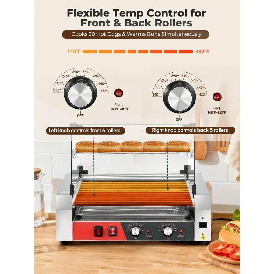 Hot Dog Roller 11 Rollers 30 Hot Dogs Capacity 1650W Stainless Steel Hot Dog Machine Bun Warmer