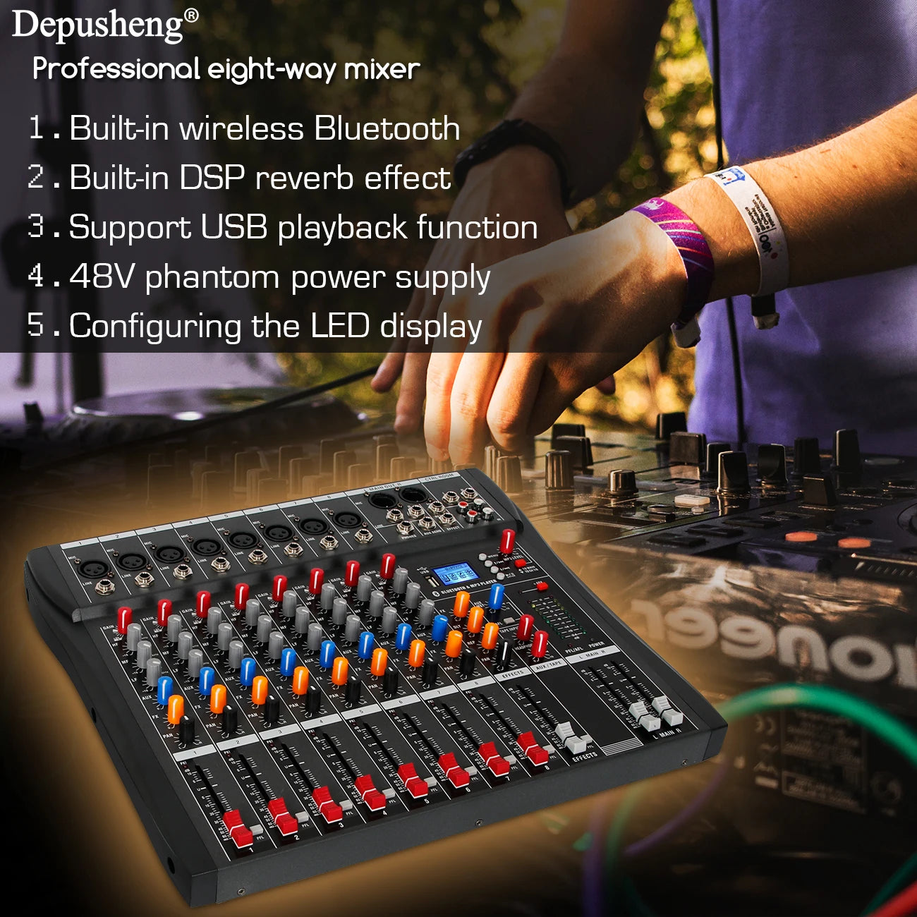 Audio Mixer 6/8/12 Channels Professional DJ mixer LR microphone/line input, AUX,FX processor MP3, headphones, +48V Phantom