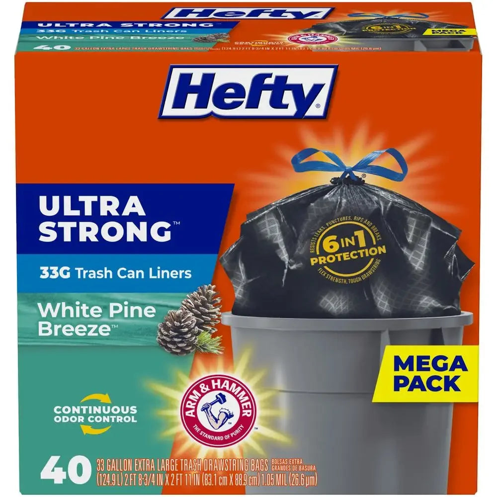 Ultra Strong 33 Gallon Large Trash Bags with White Pine Breeze Scent 40 Count Heavy Duty Drawstring