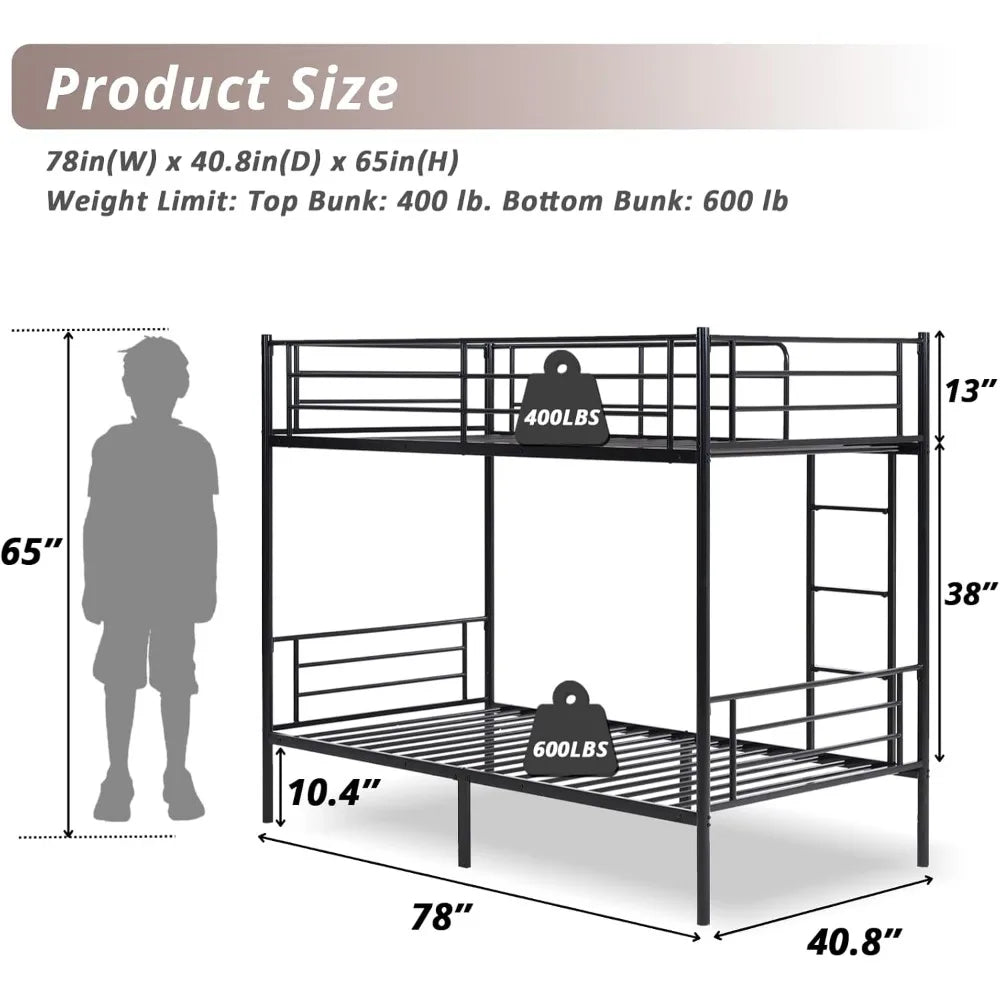 White Bunk Bed Twin Over Twin with 2 Storage Drawers, Metal Bunk Bed with Built-in Ladder