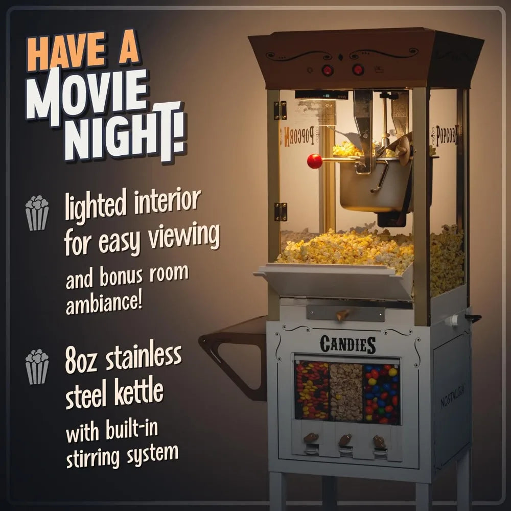 Popcorn Maker Machine - Professional Cart/8 Oz Kettle Makes Up to 32 Cups/Candy & Kernel Dispenser