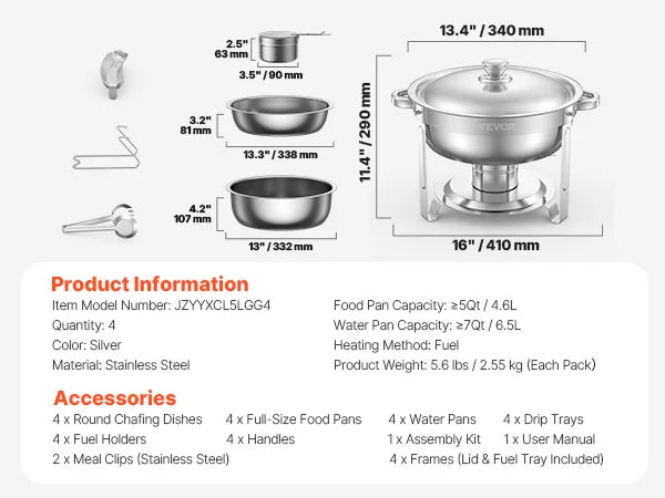 SucceBuy 4 Pack Chafing Dish Buffet Set Stainless Steel Chafer w/4 Full Size Pan Round