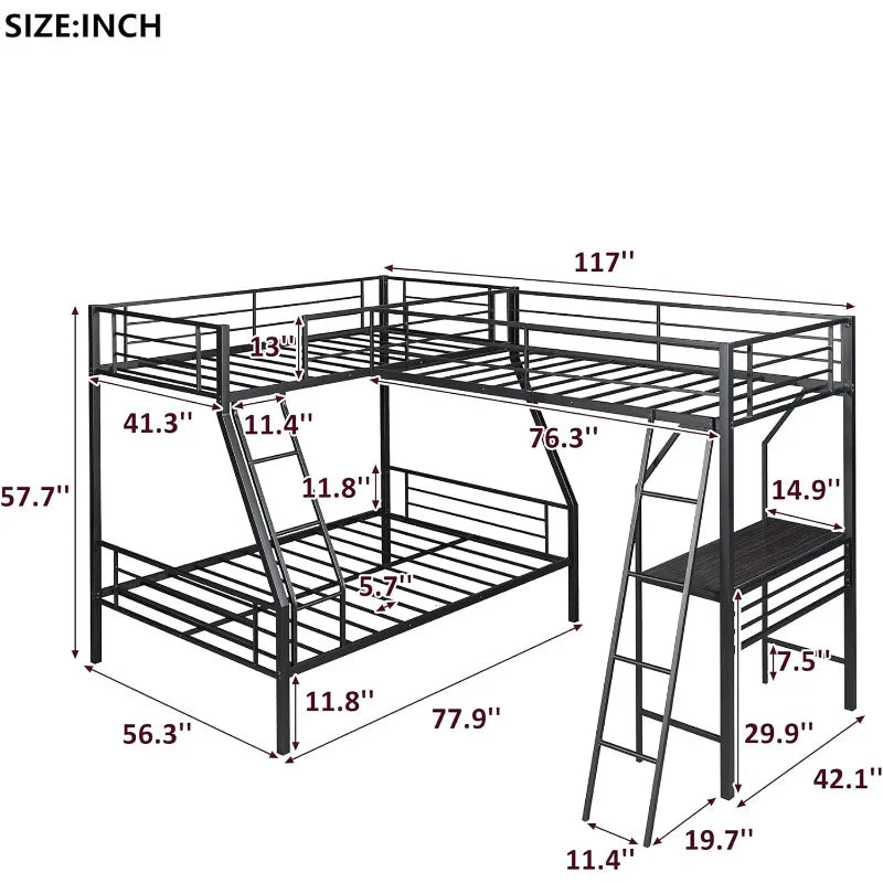 Metal Triple Bunk Beds, Twin Over Full Bunk Bed Attached Twin Loft Bed with Desk, L-Shape Triple Bed