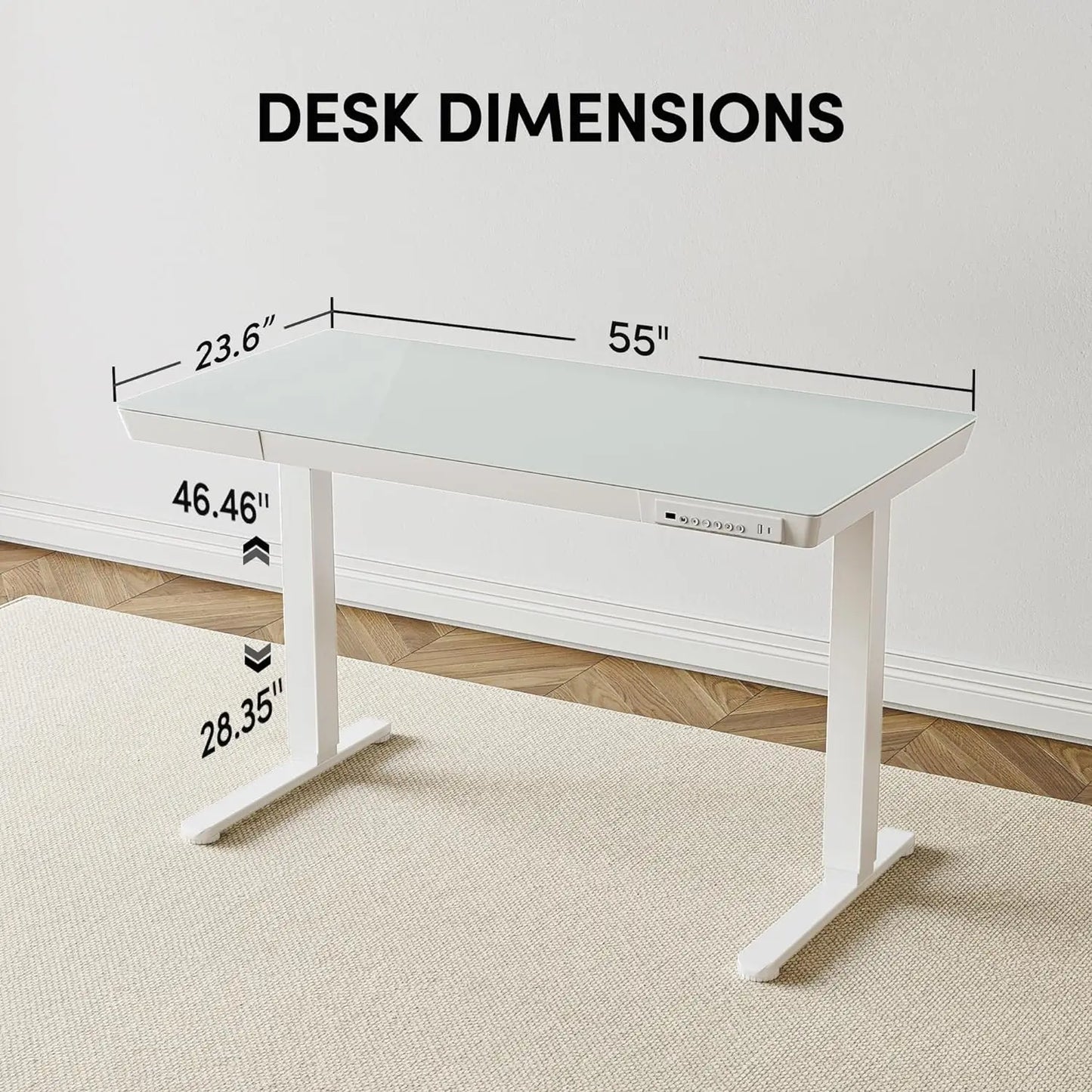 55" Glass Electric Standing Desk with Drawers, 55 inch Whole-Piece Glass Desktop Rising Desk