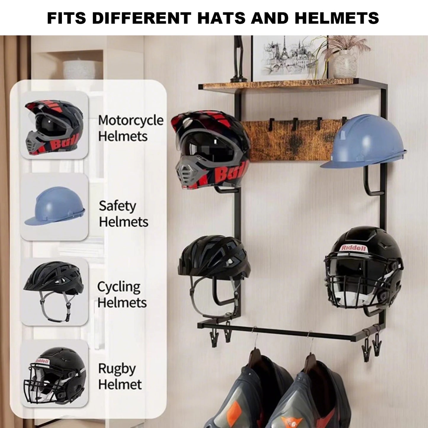 Motorcycle Helmet Holder, Wall-Mounted Rack W/4 Glove Chips & Hooks, Bike Helmets Storage Organizer