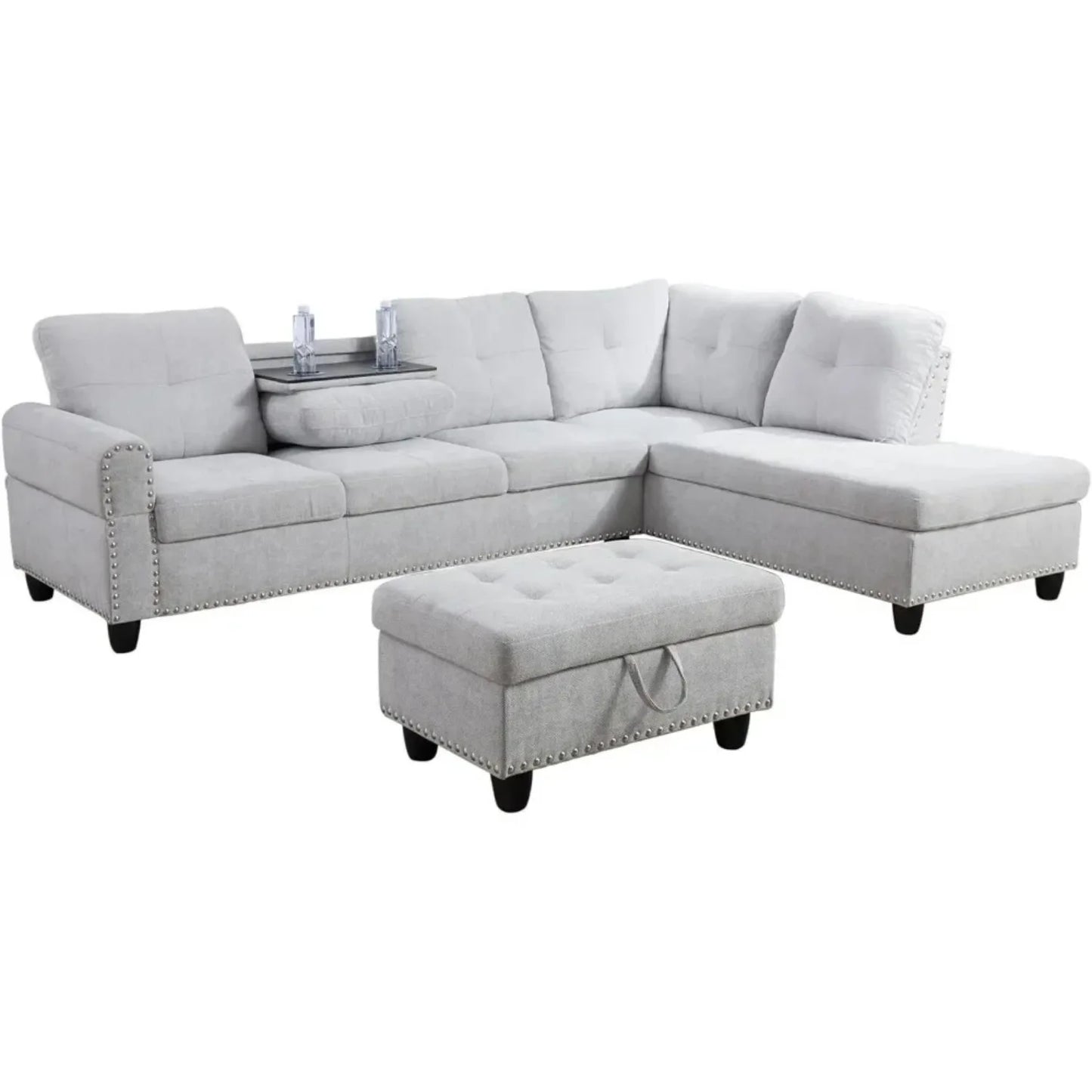 L Shaped Sectional Couch w/Ottoman, Nailhead Sofa w/Reversible Cup Holder & Chaise, Light Grey