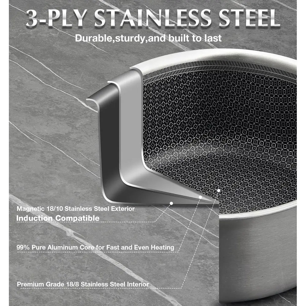10-Piece Nonstick Stainless Steel Cookware Set with Honeycomb Interior, 18/10 Grade, Induction Ready