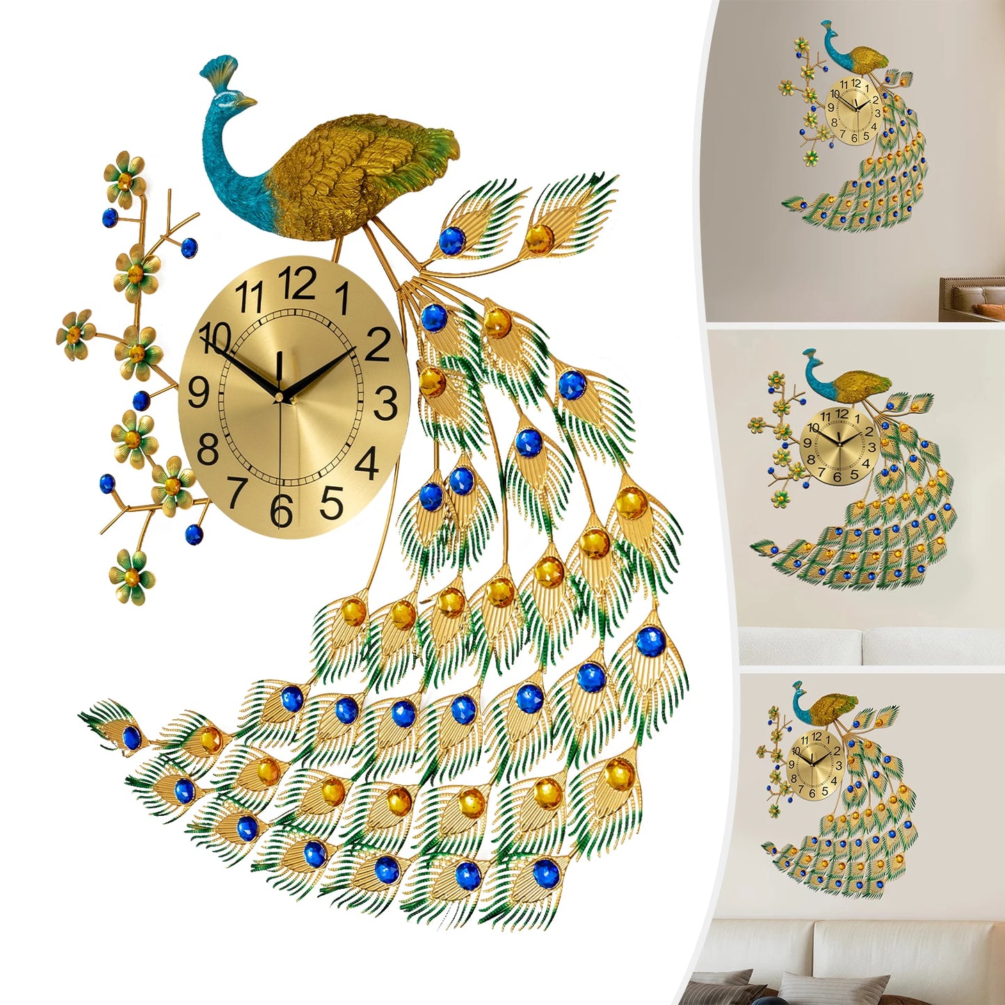 Iron Wall Clock,Gold Peacock Quartz Wall Clock 65*75cm Wall-Mounted