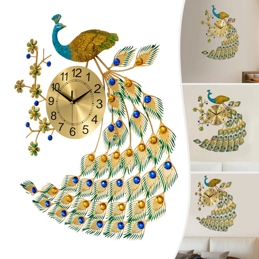 Iron Wall Clock,Gold Peacock Quartz Wall Clock 65*75cm Wall-Mounted