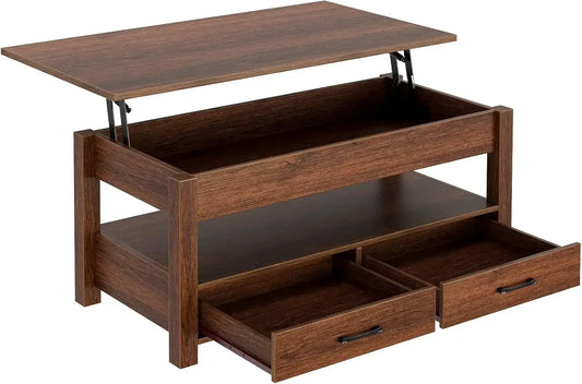 Coffee Table, Lift Top Coffee Table with Drawers and Hidden Compartment, Retro Central Table