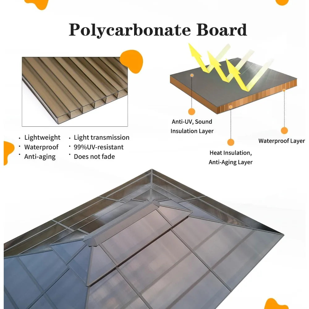 10'x13' Hardtop Gazebo, Outdoor Polycarbonate Double Roof Canopy, Aluminum Frame Permanent Pavilion