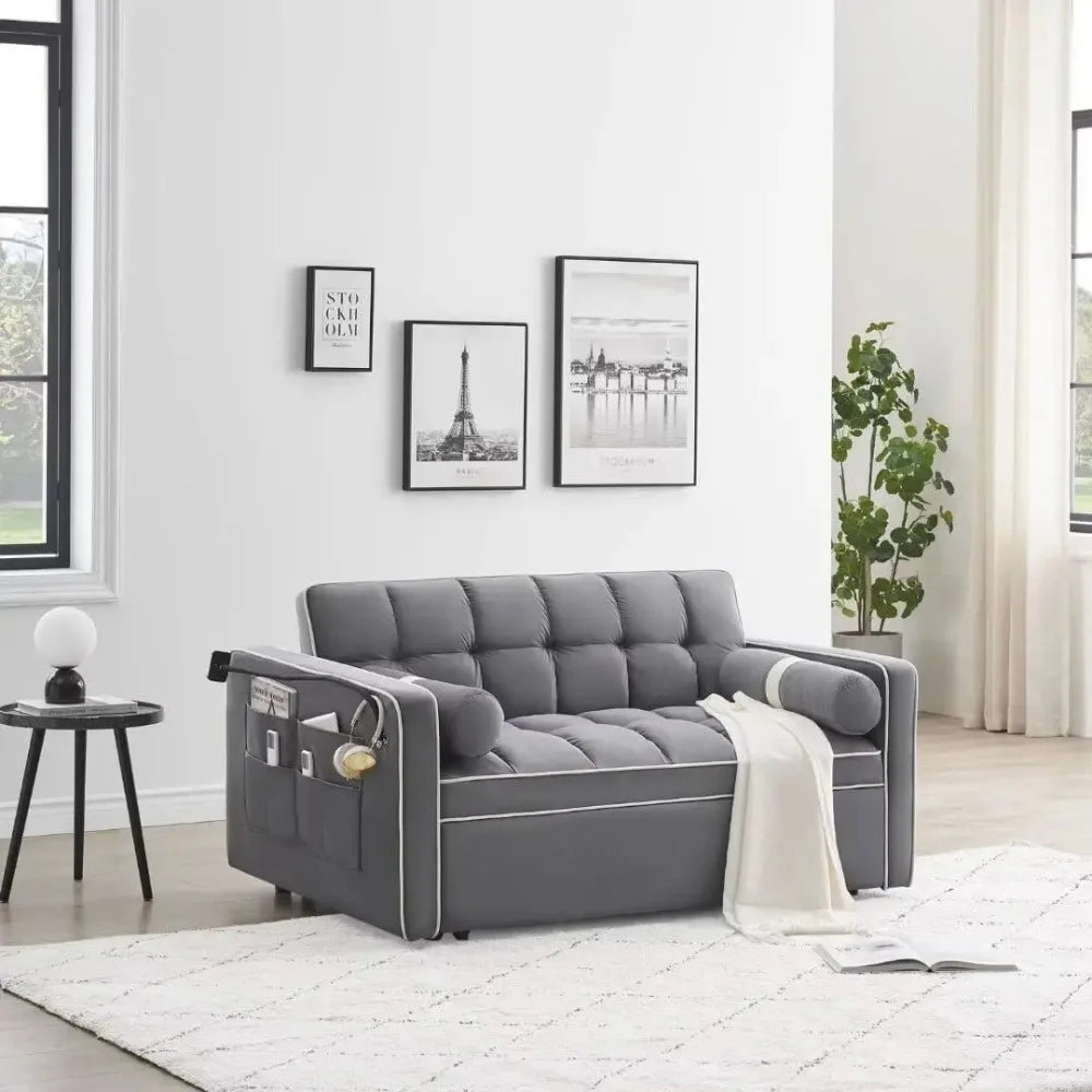 Sleeper Sofa Couch/ Futon Sofa Bed, 3 in 1 Convertible Pull Out w/ USB Port & Swivel Phone Stand