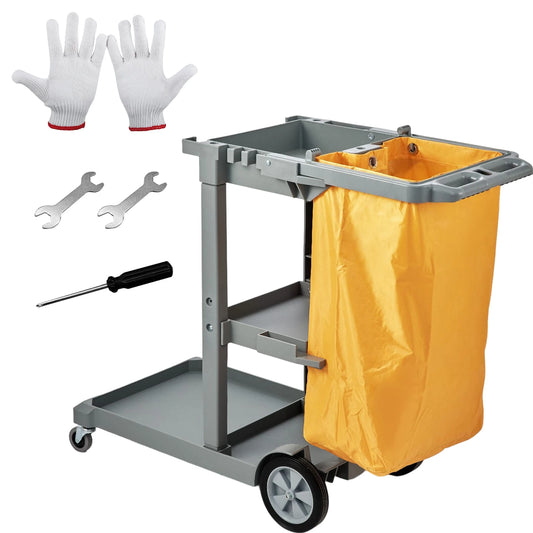 VEVOR Black/Grey Cleaning Cart 3-Shelf Commercial Janitorial Cart 200 lbs Capacity