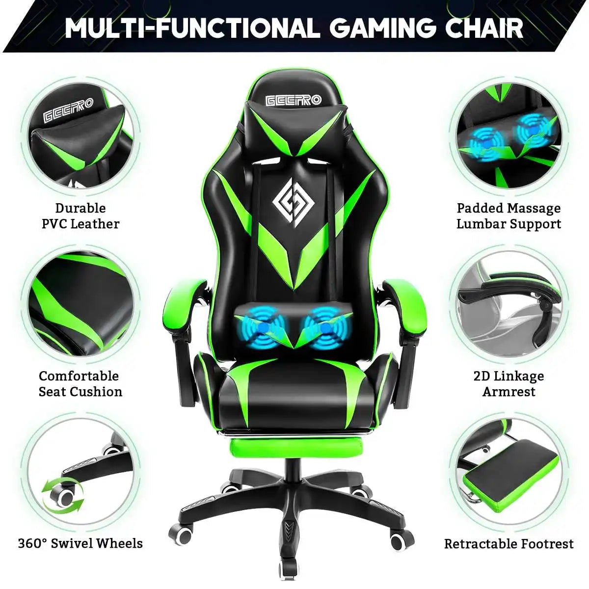 Gaming Chair w/Footrest Computer Desk Chairs Ergonomic Massage Lumbar Cushion Support High Back