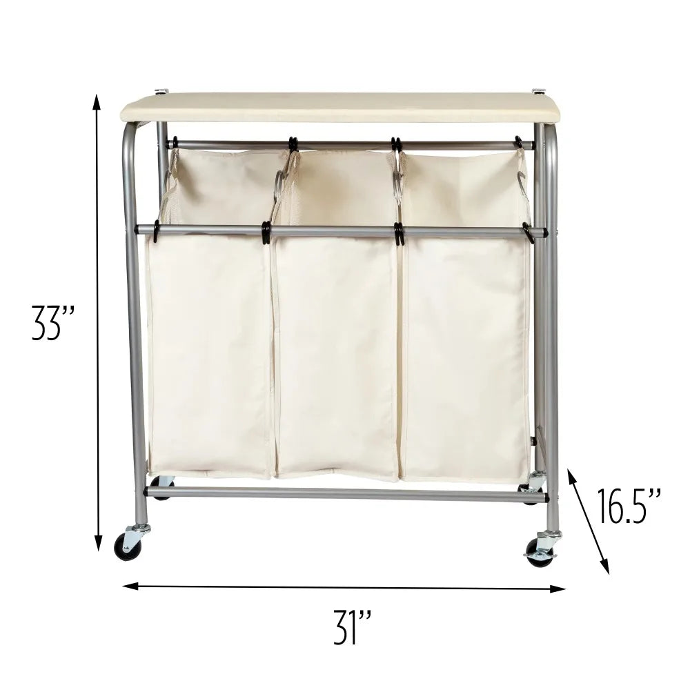 Honey-Can-Do 3 Bag Steel Rolling Laundry Sorter with Ironing Board Top, Silver/Natural