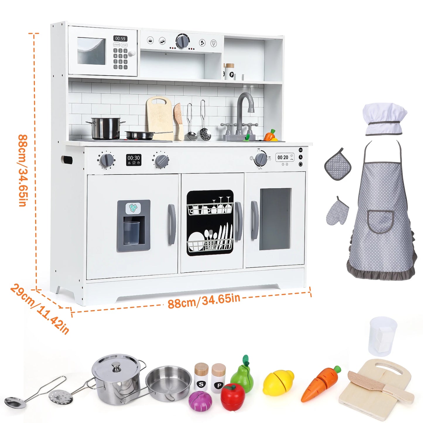 Wooden Play Kitchen Kids Playset Cookware Accessories, Microwave, Oven, Sink, Real Lights & Sounds