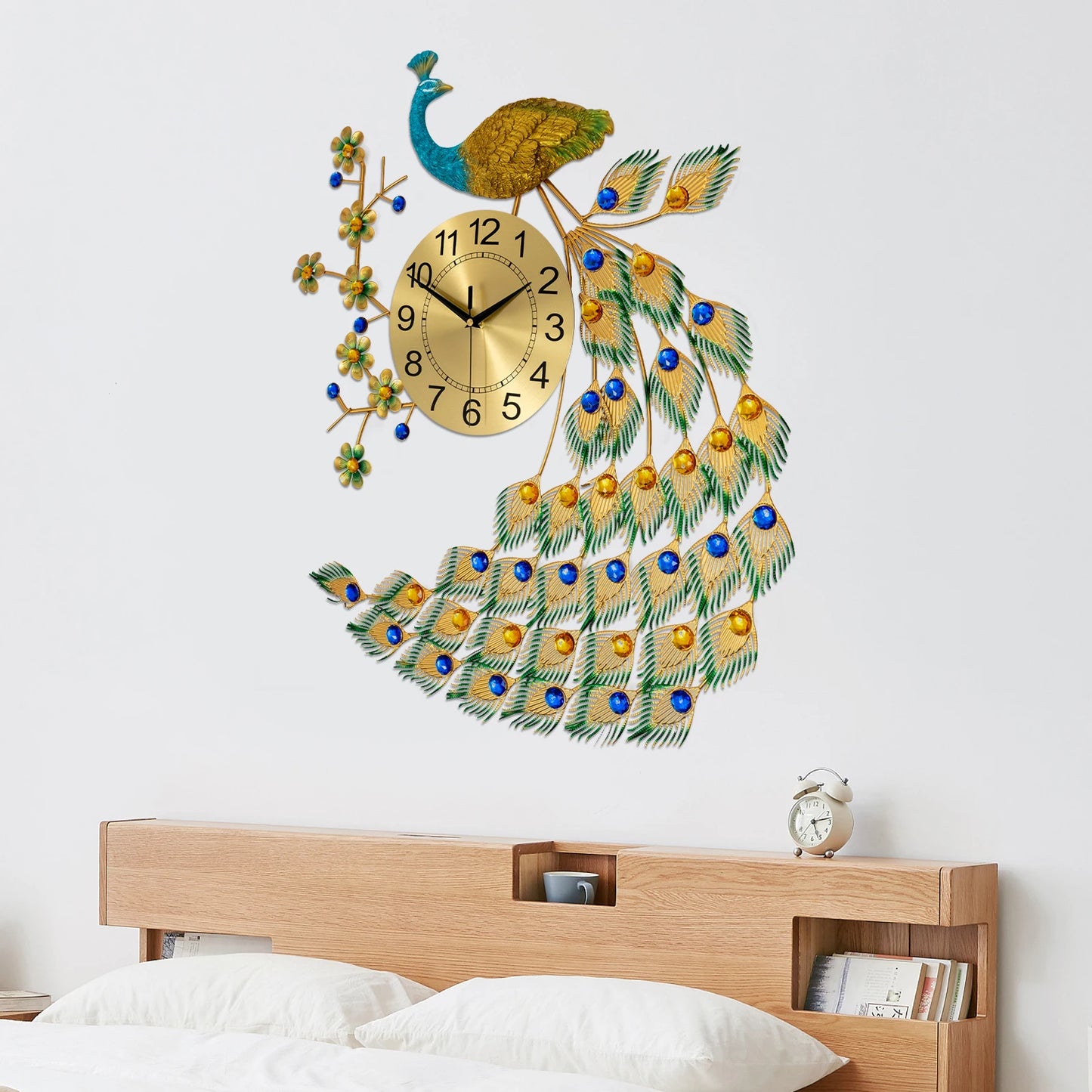 Peacock Wall Clock, Modern Gold & Blue Design, 65*75cm Size, Wall-Mounted Analog Clock with Numbers