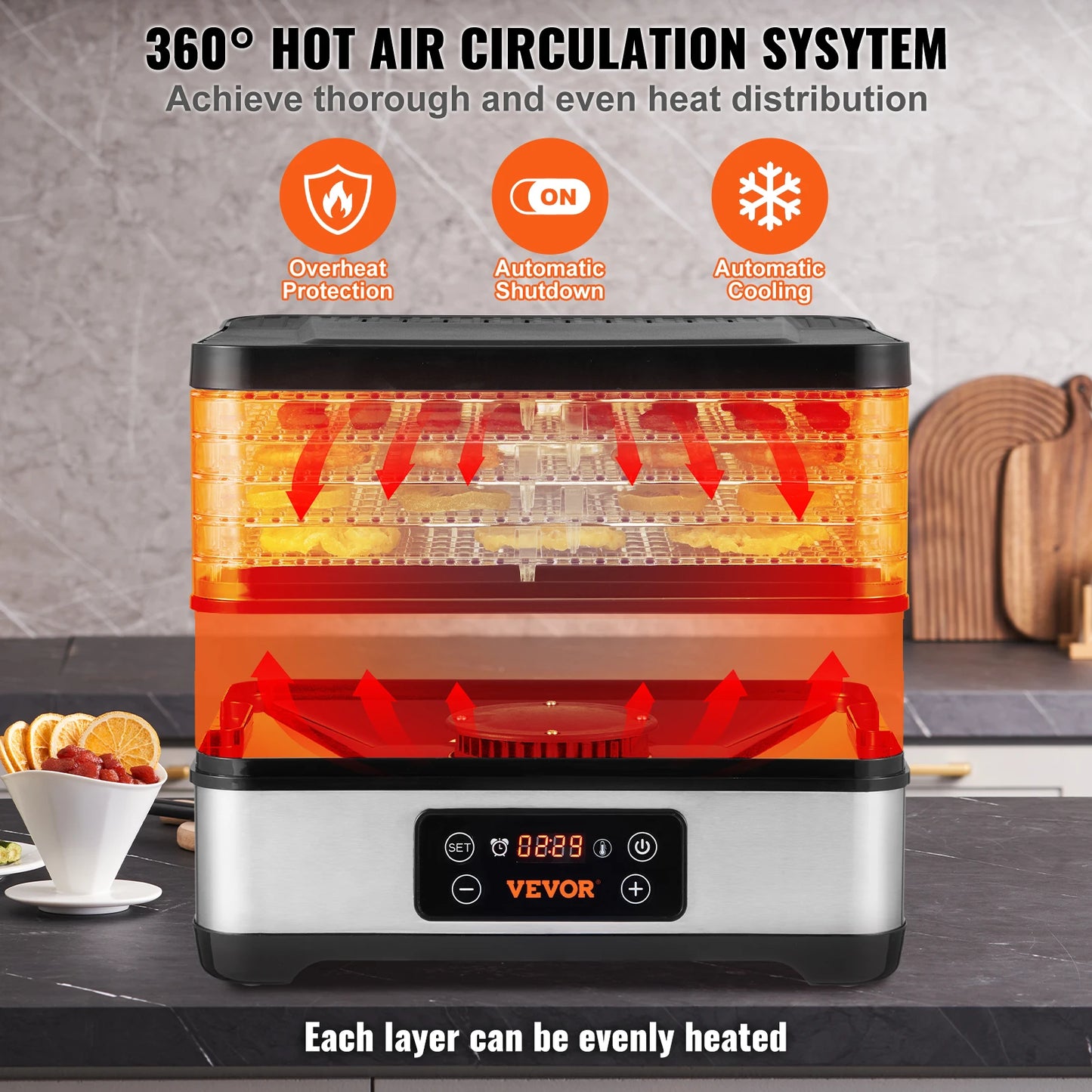 SucceBuy 5 Tray Food Dehydrator Machine 300W Stainless Steel Electric Food Dryer/Digital Adjustable