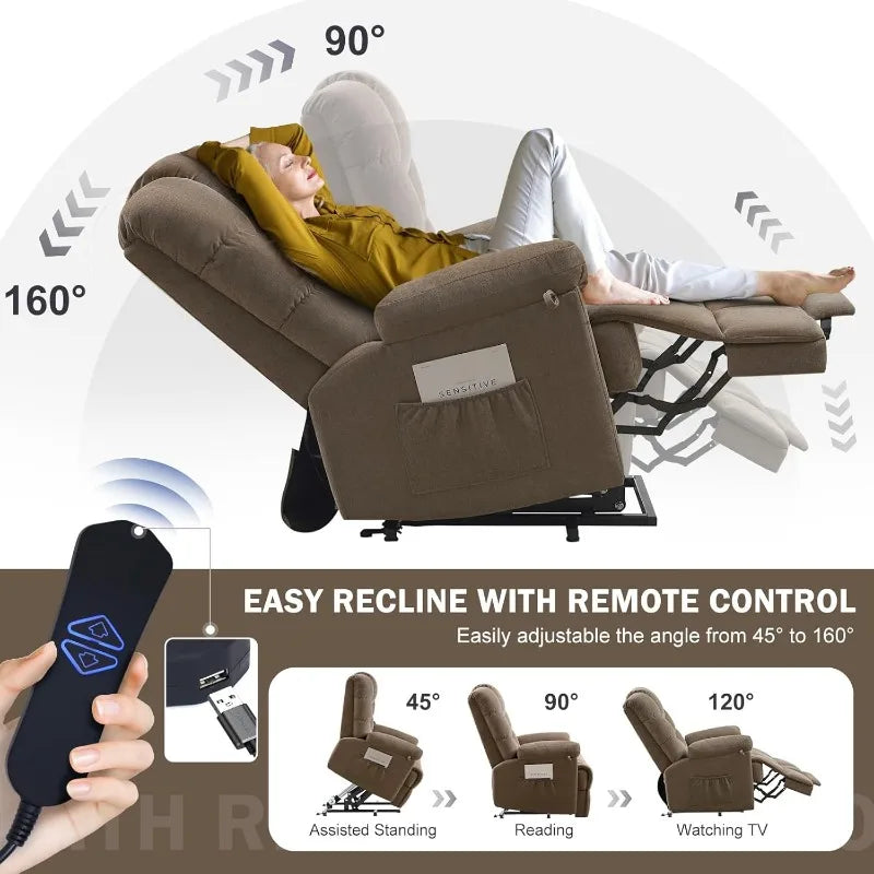 Power Lift Recliner Chair for Elderly, Plush Fabric Electric Recliner w/Heated & Vibration Massage