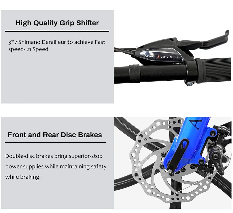26 Inch Mountain Bike 21 Speed Dual Suspension Adult Bicycle with Adjustable Disc Brake