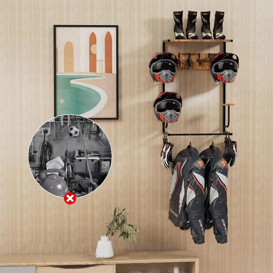 Motorcycle Helmet Holder, Wall-Mounted Rack W/4 Glove Chips & Hooks, Bike Helmets Storage Organizer