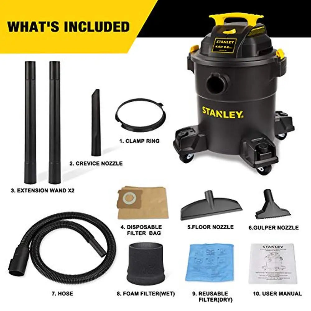 Wet/Dry Vacuum 6 Gallon 4HP Portable Powerful Cleaner Large Capacity 300hrs Runtime Foam Filter