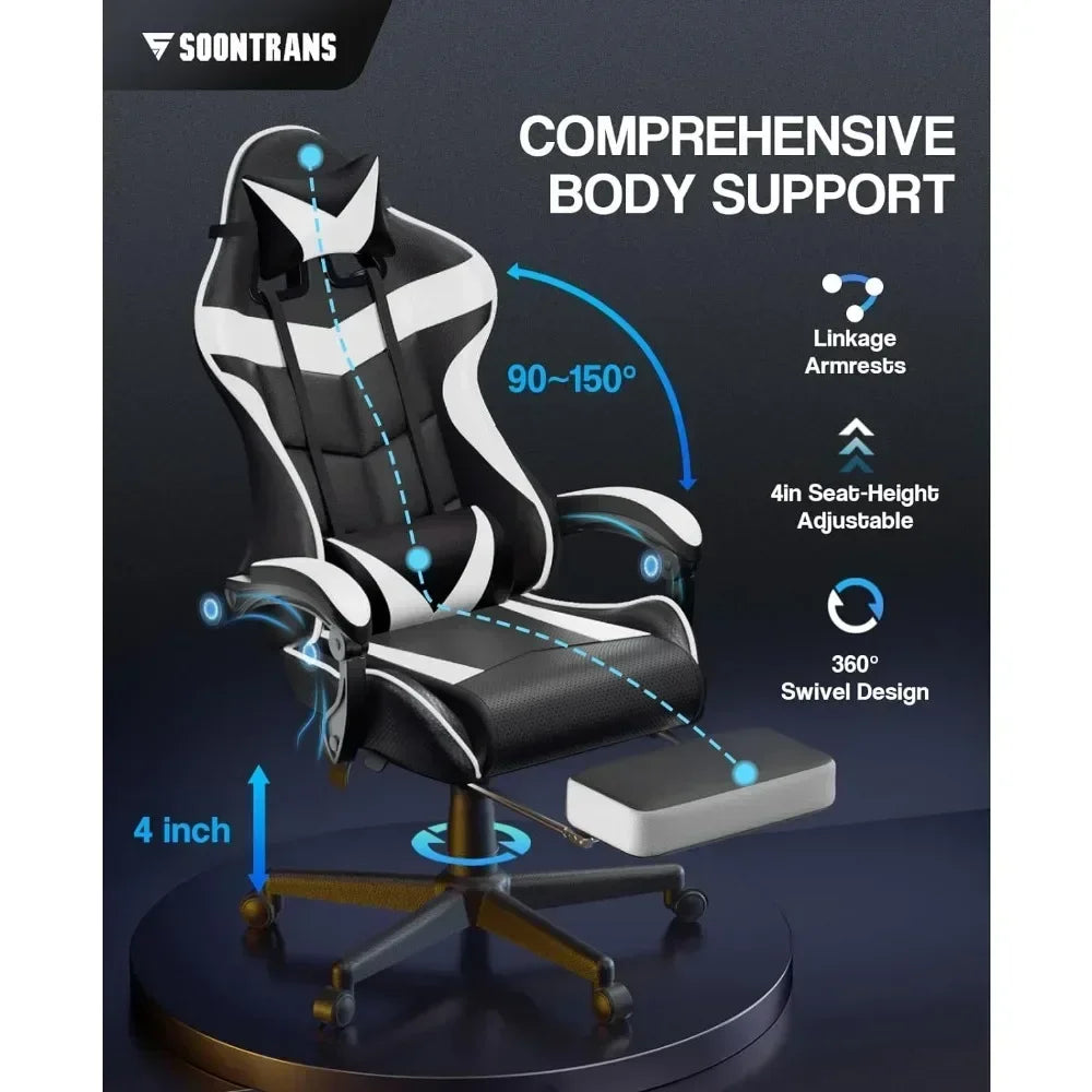 Reclining Chair Office (Polar White) Ergonomic Gamer Chair With Headrest Video Game Chairs