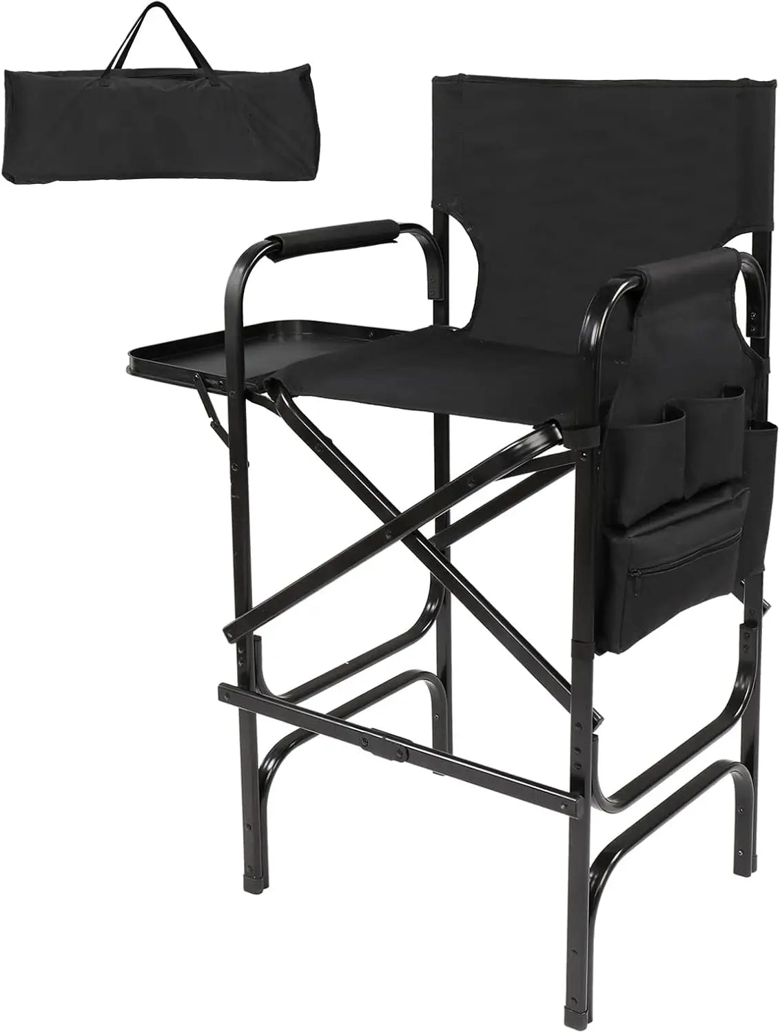 30" Tall Directors Chair Black Folding w/Side Table Storage Bag,300 lbs 19.2" D x 23.6" W x 45.6" H