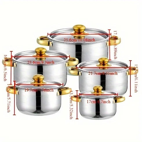 5-Piece Golden Stainless Steel Cookware Set - Durable, Multi-Purpose, Easy to Clean, Non-Stick