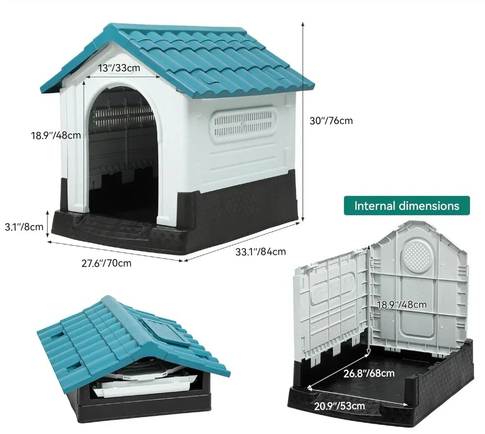 Folding outdoor plastic dog house w/ adjustable skylight & elevated base, small to medium sized dogs