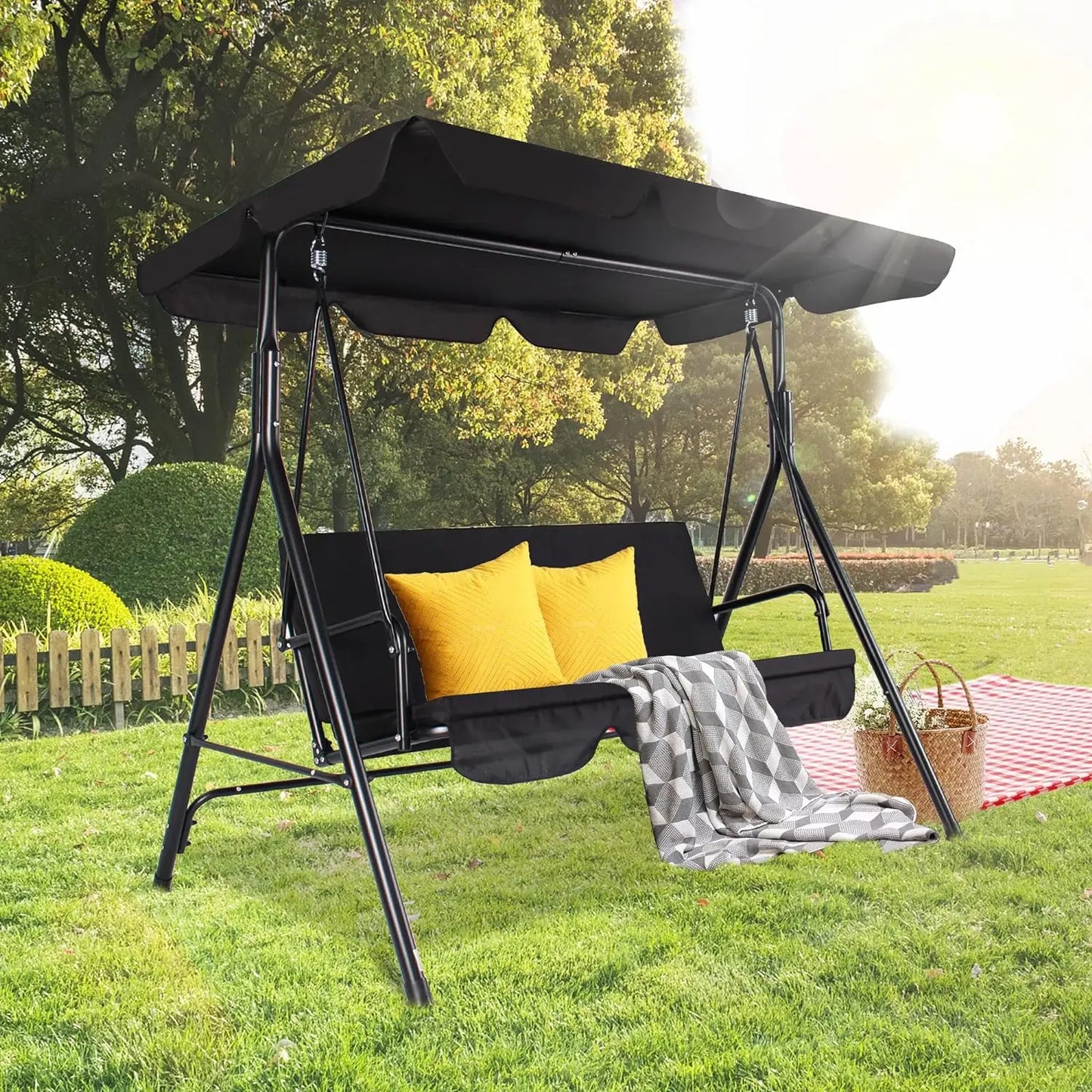 Raysfung 3-Seat Patio Swing Chairs w/Tilt Canopy & Durable Steel Frame Porch Swing Removable Cushion