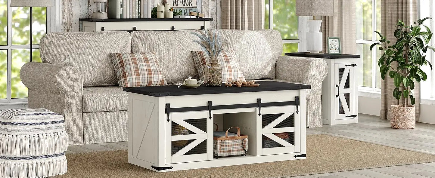 47.3FT Lift Top Coffee Table w/Barn Door, Center Table w/Storage, Modern Antique Rectangular