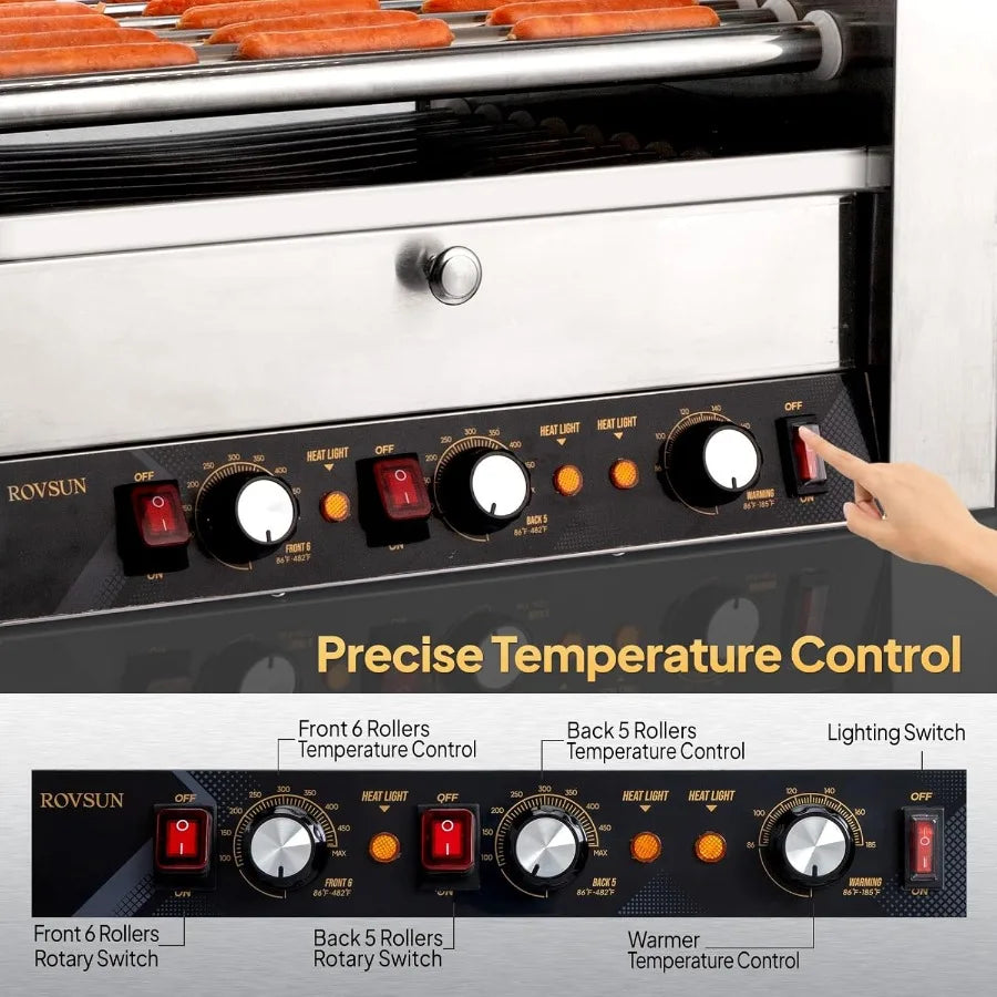 Hot Dog 2000W w/11 Rollers for 30 Hot Dogs Stainless Steel Hot Dog Machine Grill/Bun Warm Drawer