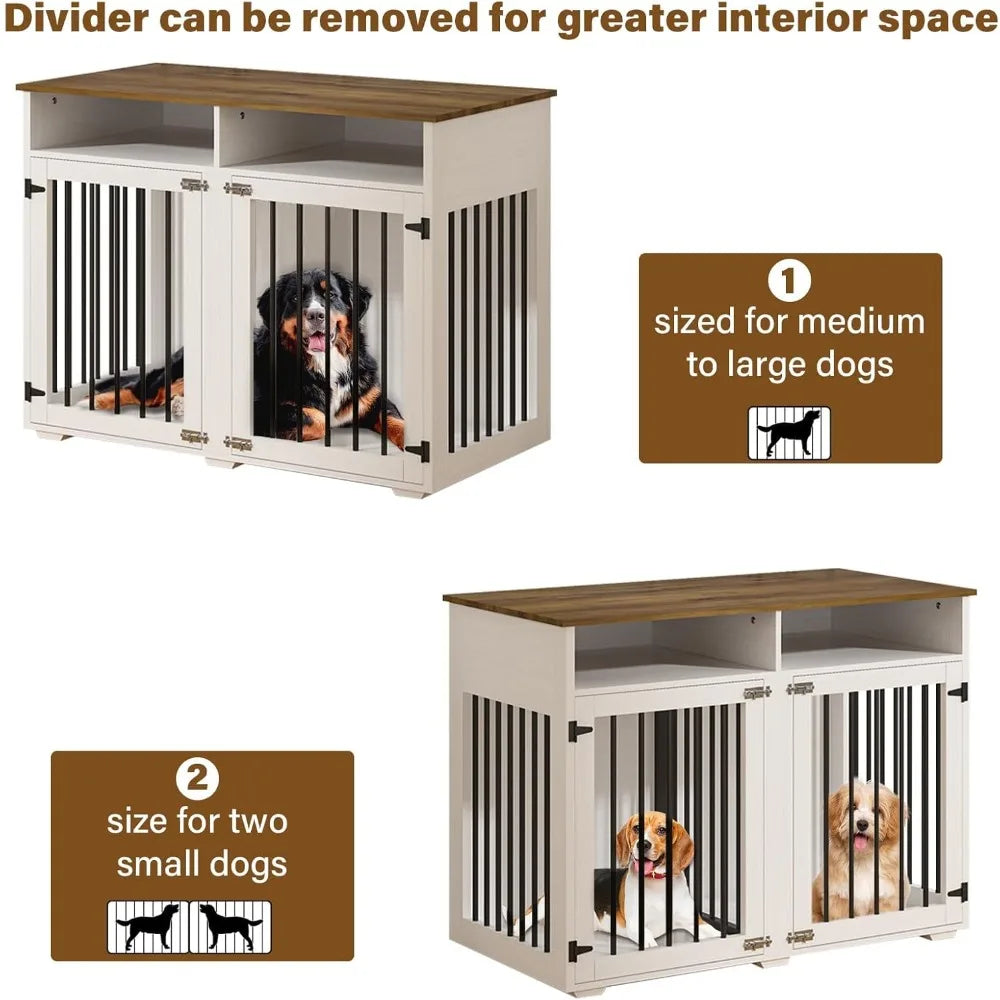 Double Dog Wooden Crate with Removable Partition and Storage Shelf, 41 Inch Kennel for Small Dogs