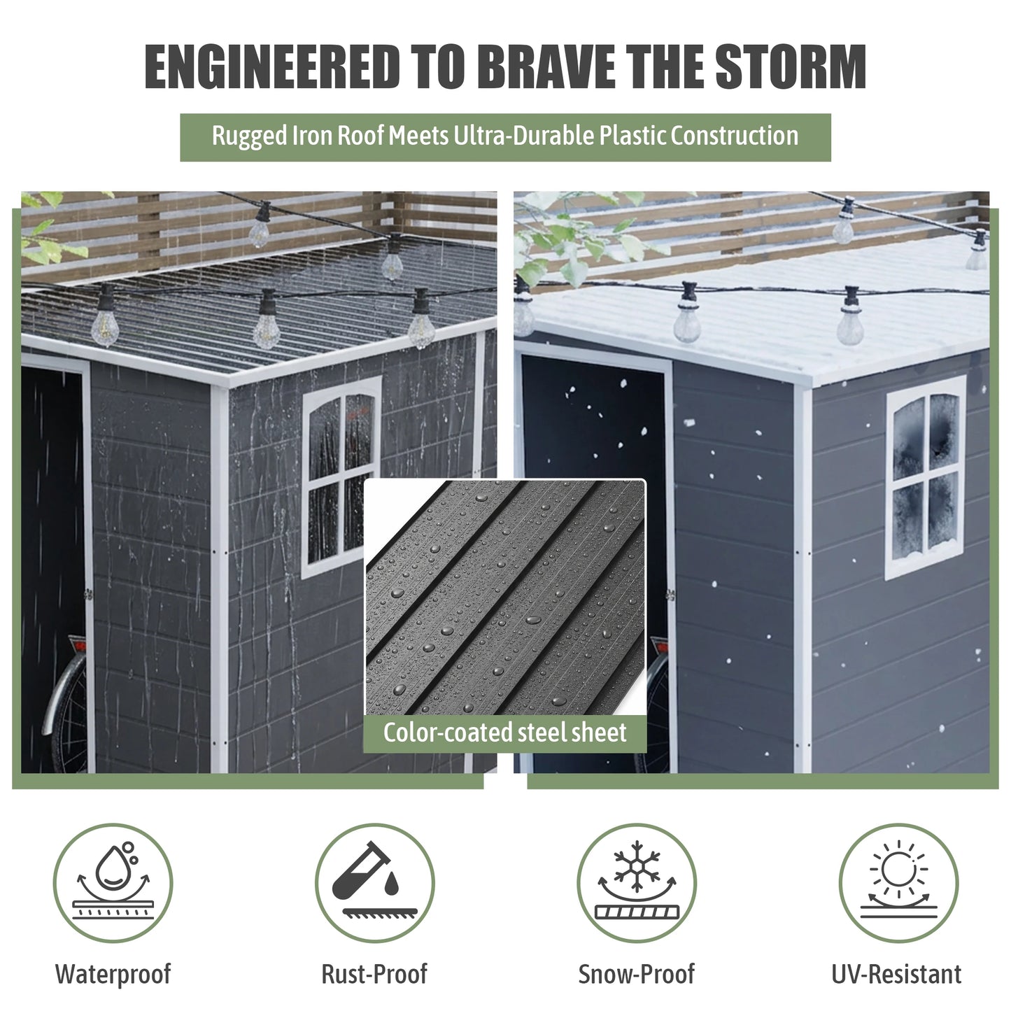 4x10 FT Gray Plastic Outdoor Storage Shed Metal Roof Two Clear Windows for Bicycles Trash Bins