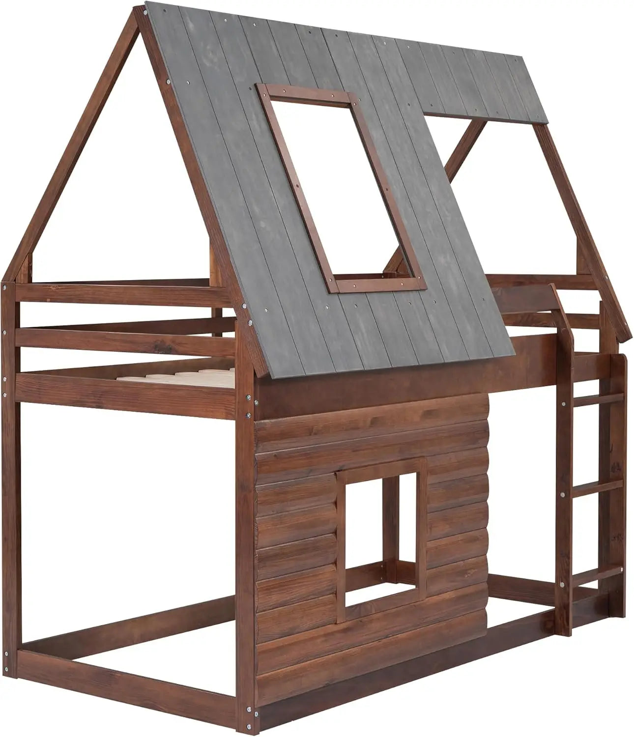 Twin Over Twin Bunk Bed Wood Frame House Shaped with Roof,Ladder and 2 Windows