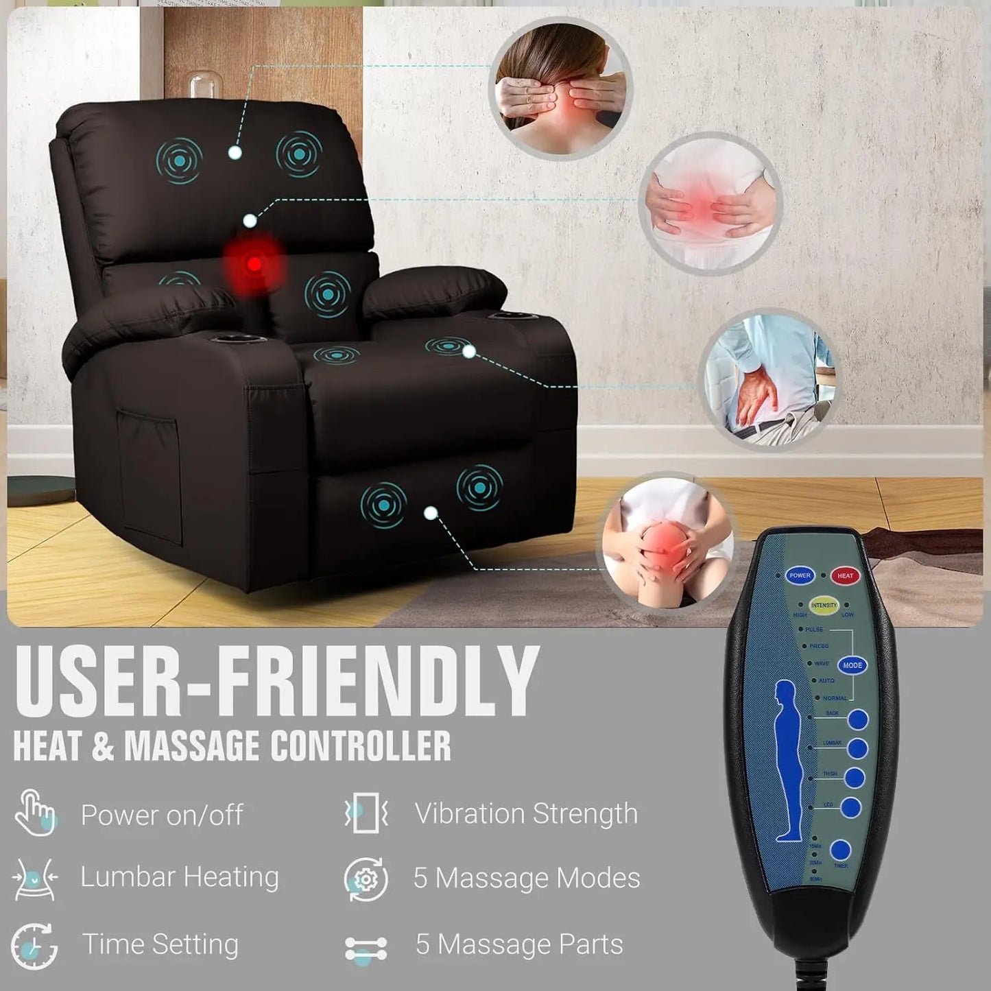 Rocking Recliner Chair, Massage Chair with Vibration Massage and Heat, 360° Swivel Recliner Chair