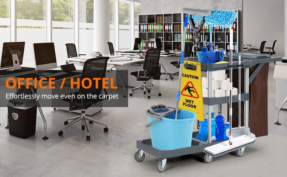 Cleaning Janitorial Cart On Wheels,25 Gallon Vinyl bag, Extra-Large Front Platform,Heavy-Duty