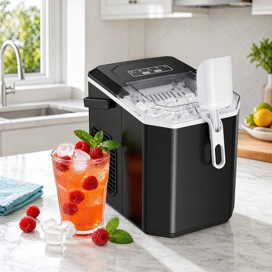 Ice Maker Countertop Machine with Handle, 26lbs in 24h, 9 Ice Cubes Ready in 6 Mins, Self-Cleaning