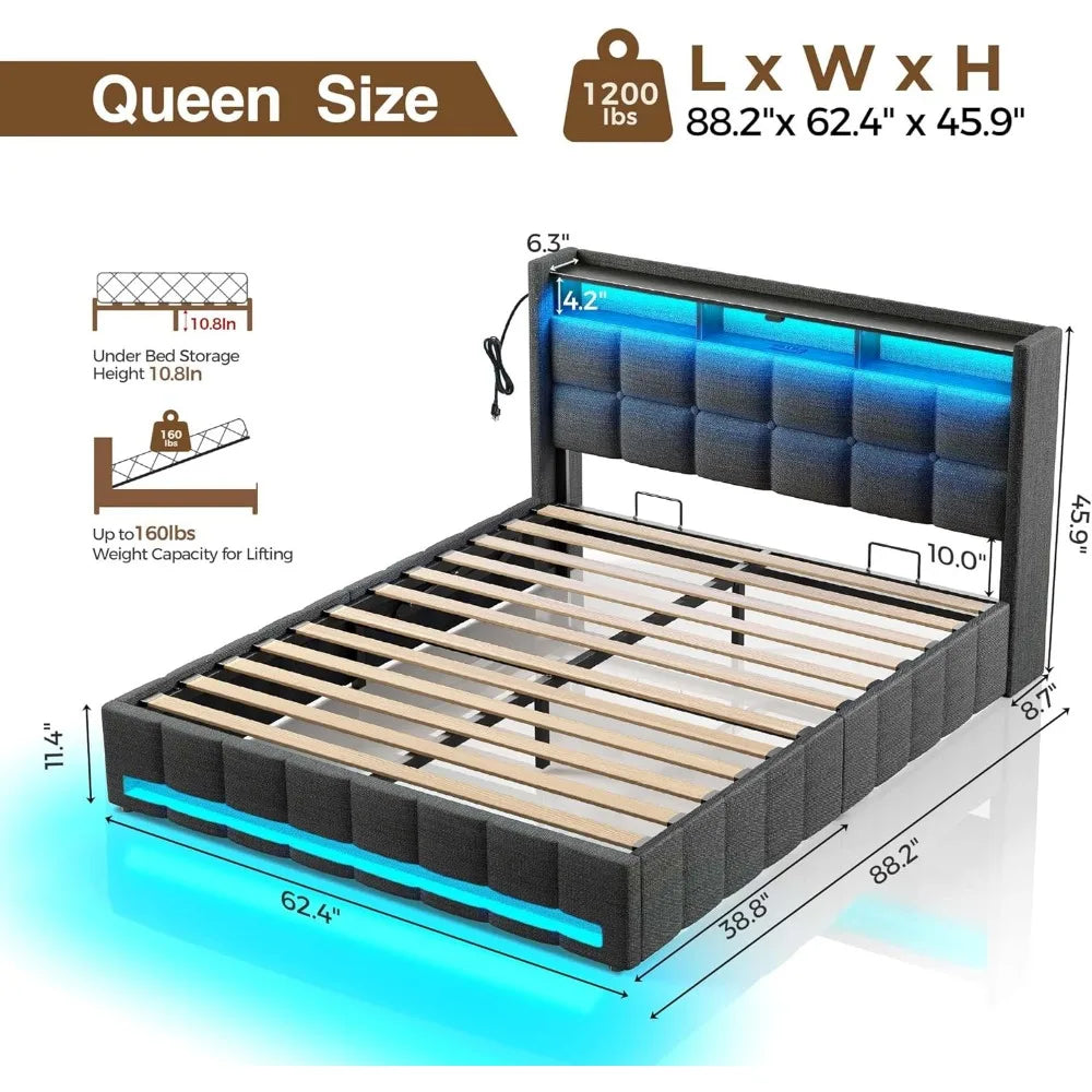 Rolanstar Bed Frame Queen Size, Lift Up Storage, Charging Station, LED Lights, Upholstered Headboard