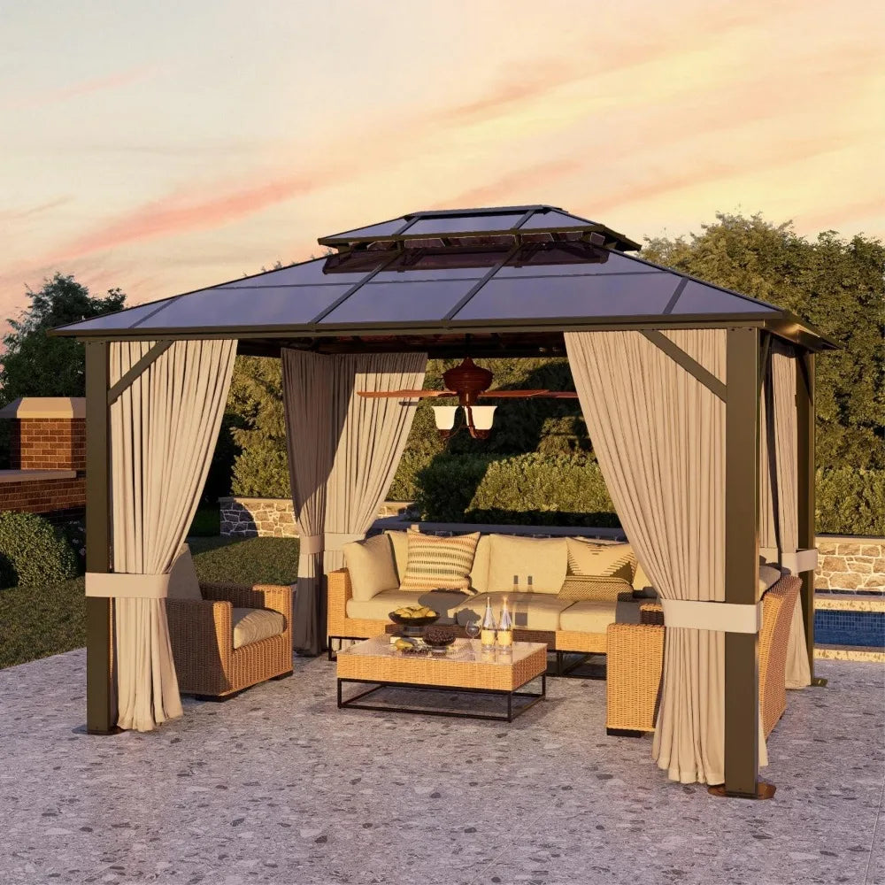 10’x12’ Hardtop Gazebo, Double Roof Patio Pergola with Polycarbonate Panels, Aluminum Frame