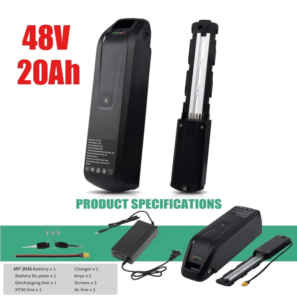 36V 48V Hailong Ebike Battery w/Charger Full Capacity 10Ah 15Ah 20Ah 18650 Lithium Battery Pack