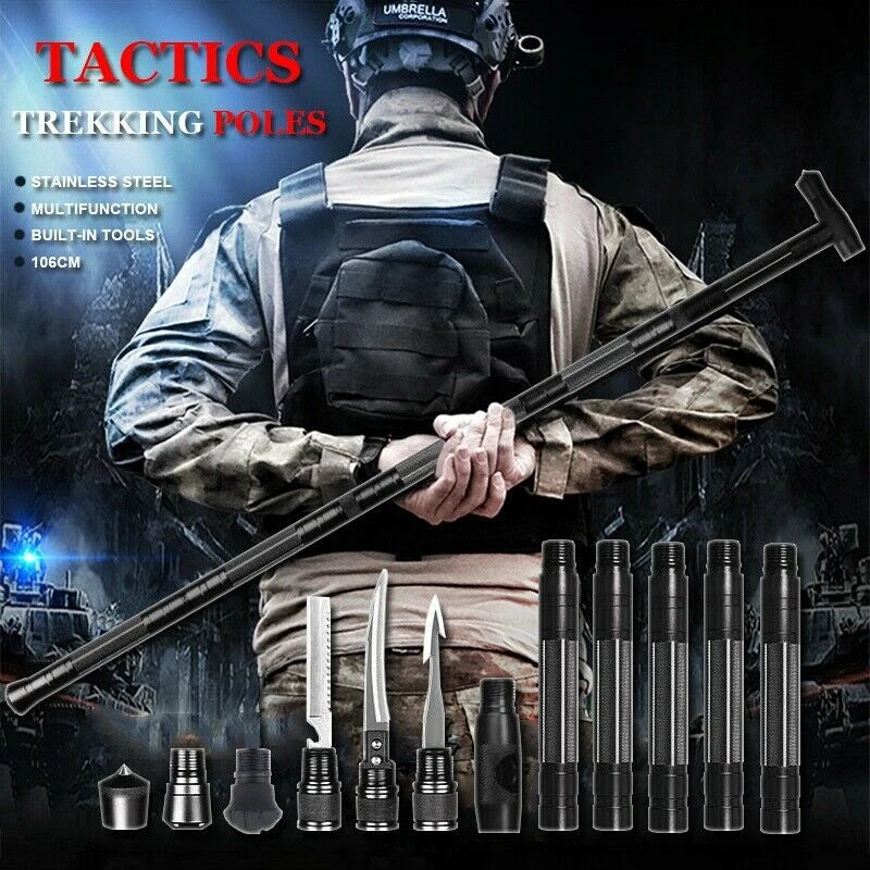 Tactical Trekking Poles Camping Multi Tool Kit Walking Cane Hiking Stick Survival Hunting