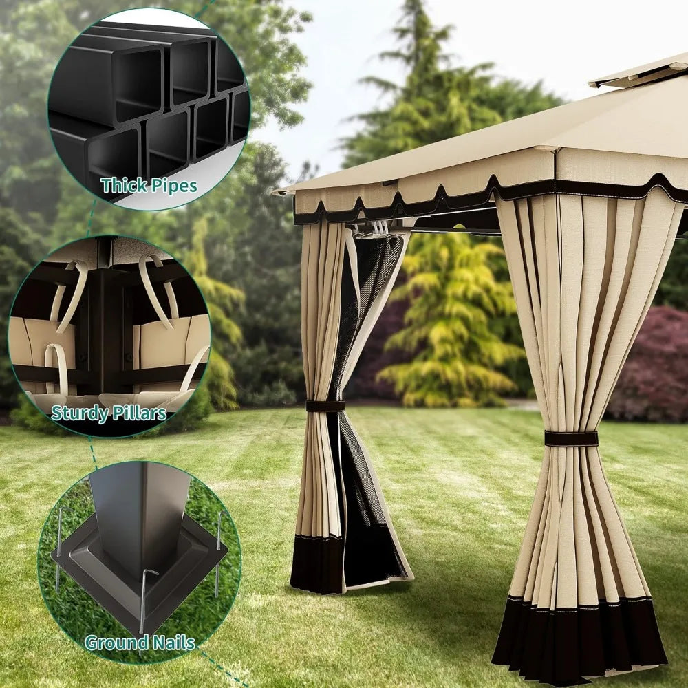 YITAHOME 10x12ft Gazebo Outdoor Double Roof Canopy w/ Netting & Curtains, Soft Fabric Top