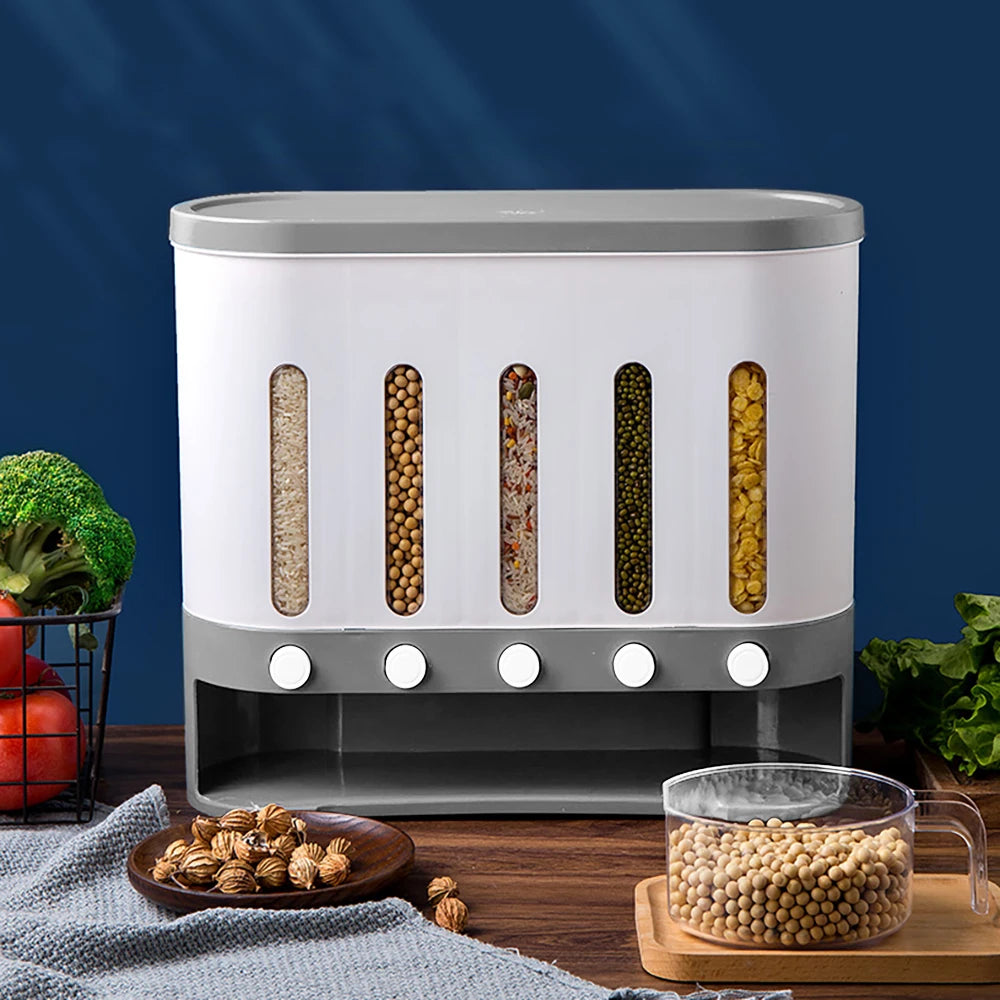 Wall Mounted Dry Food Cereal Dispenser 5 Grid 10L Storage Free Control Of Output Box, Kitchen