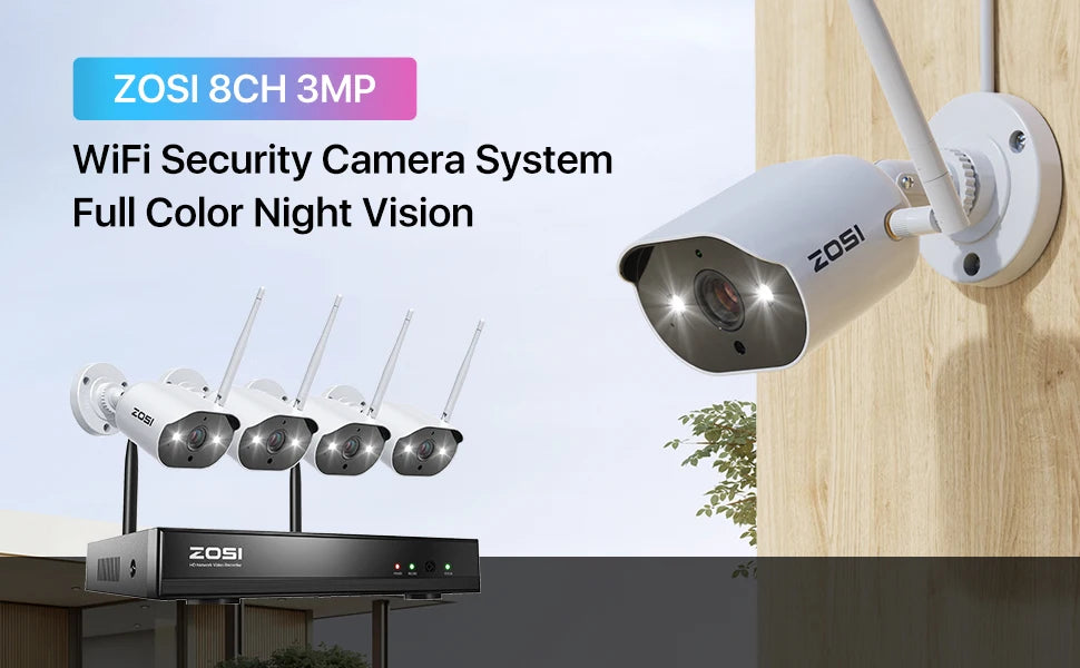 ZOSI WiFi Security Camera System 8CH 2K H265+ Wifi NVR 3MP Outdoor Waterproof CCTV Camera Wireless