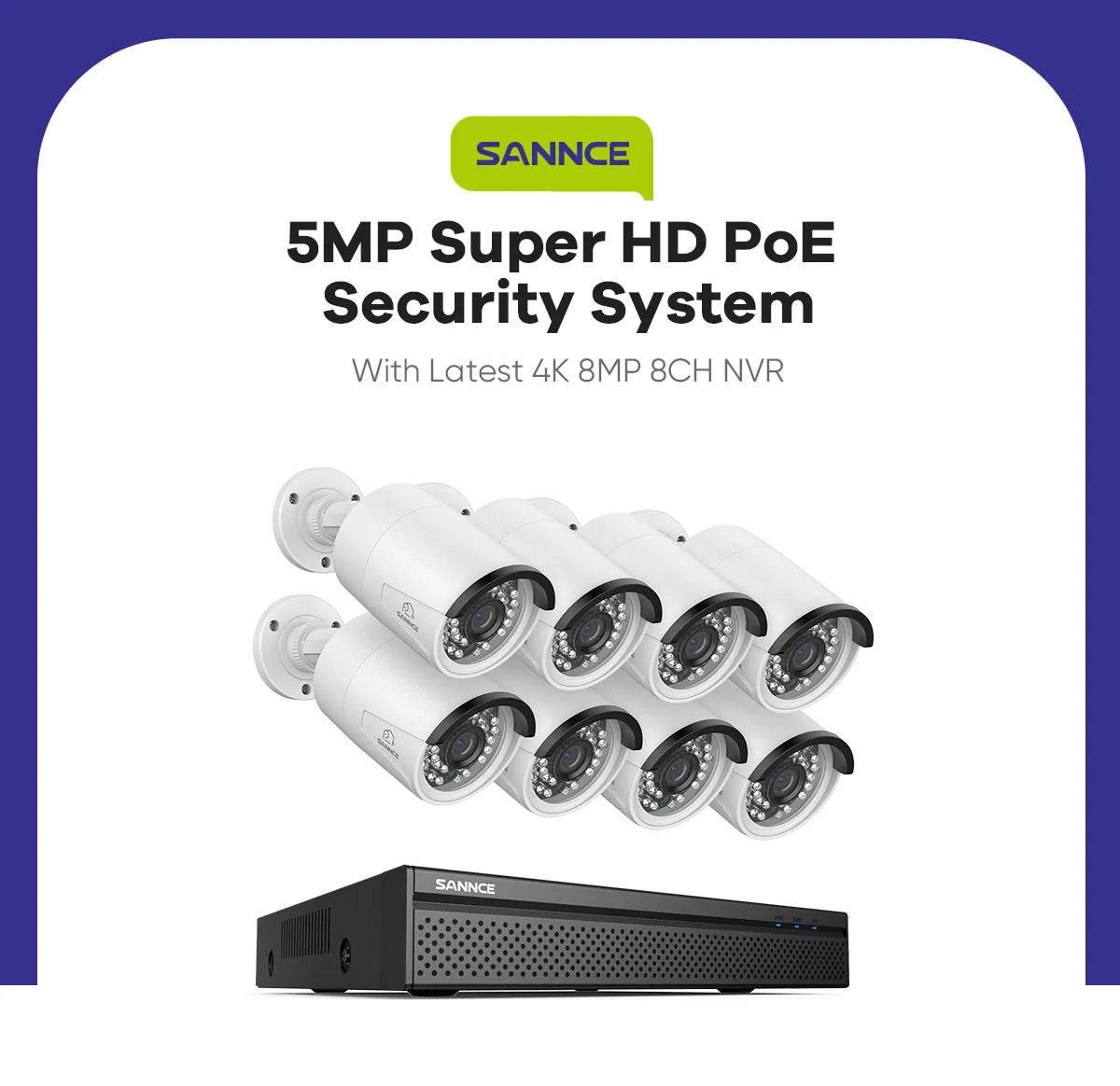 SANNCE 5MP Outdoor 8MP NVR IR Night Vision Waterproof POE Video Security Protection Cameras CCTV Kit