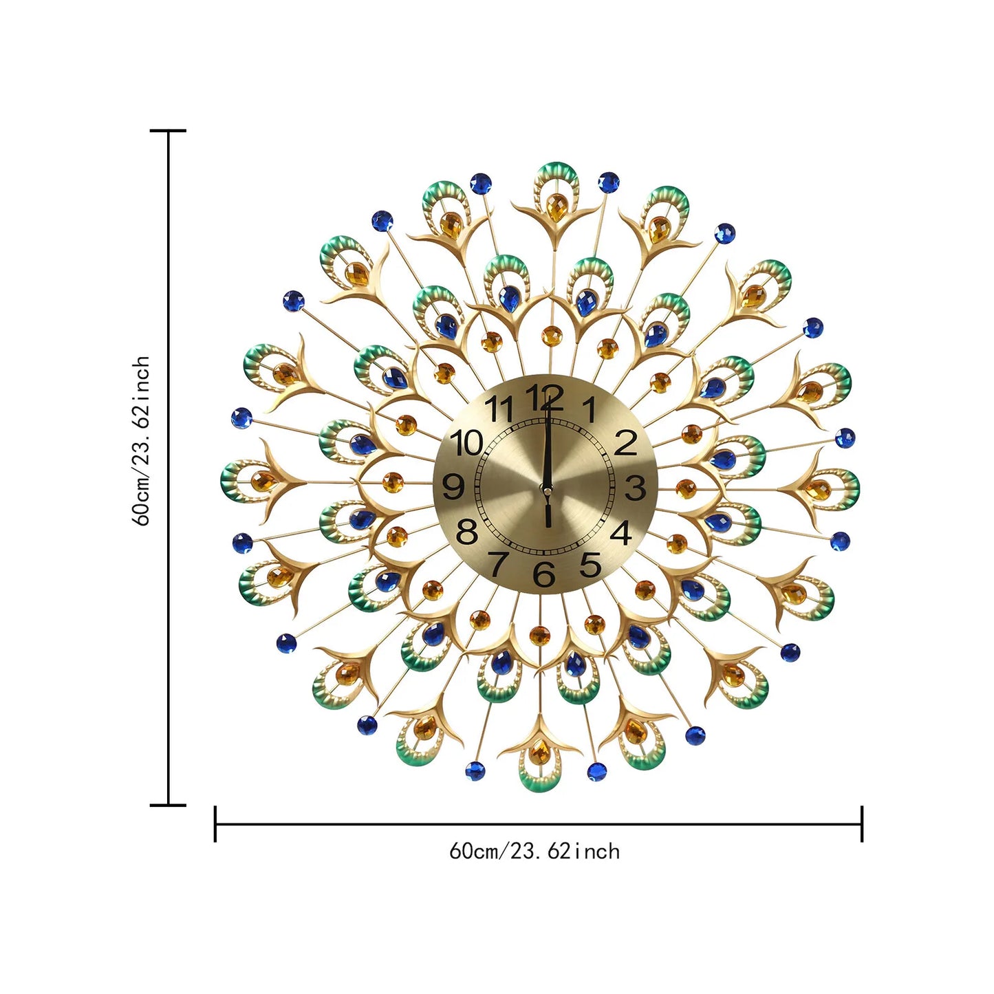 Peacock Feather Wall Clock 24" Gold, Silent Quartz Movement Large Clock, Modern Artistic Wall Decor