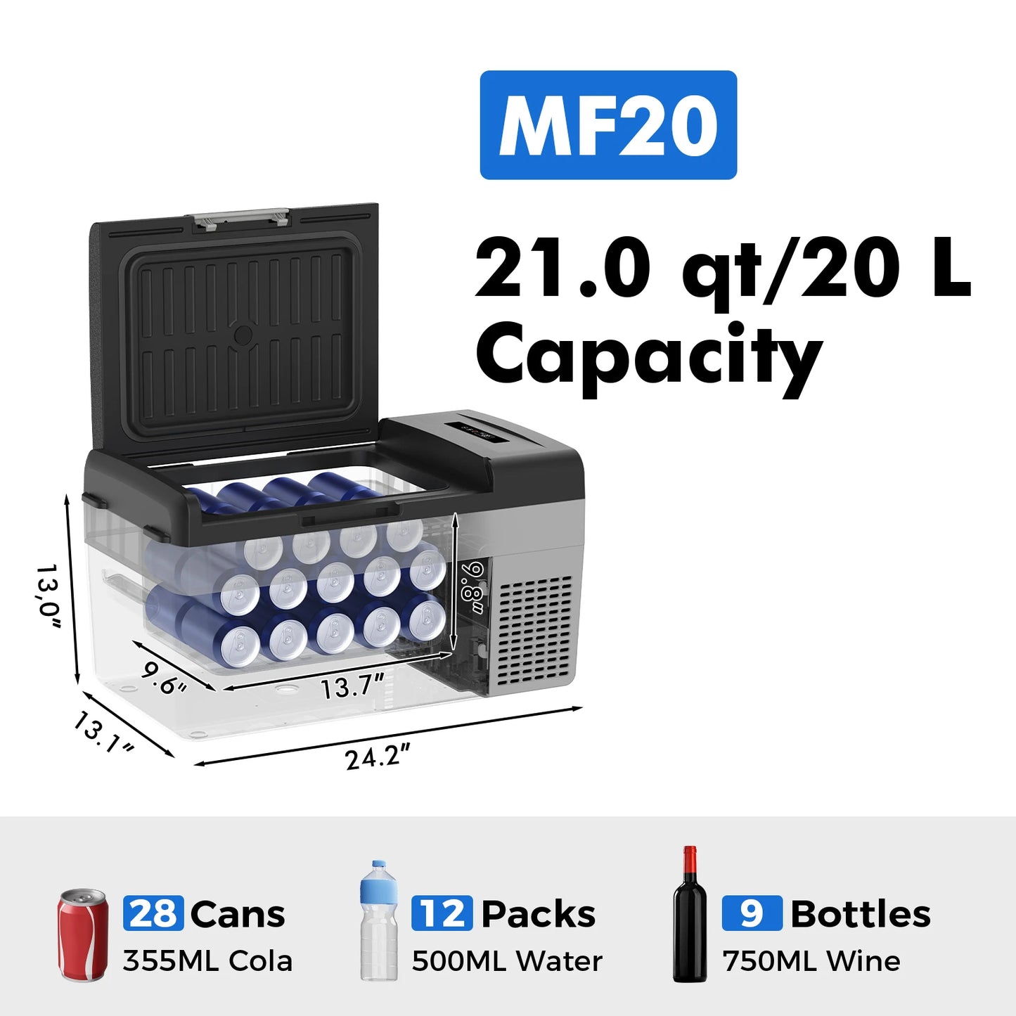 MaxXiCool MF20 Camper Fridge 12v, -4℉-68℉ Fast Cooling Car Refrigerator,  Freezer Portable 21Qt/21L