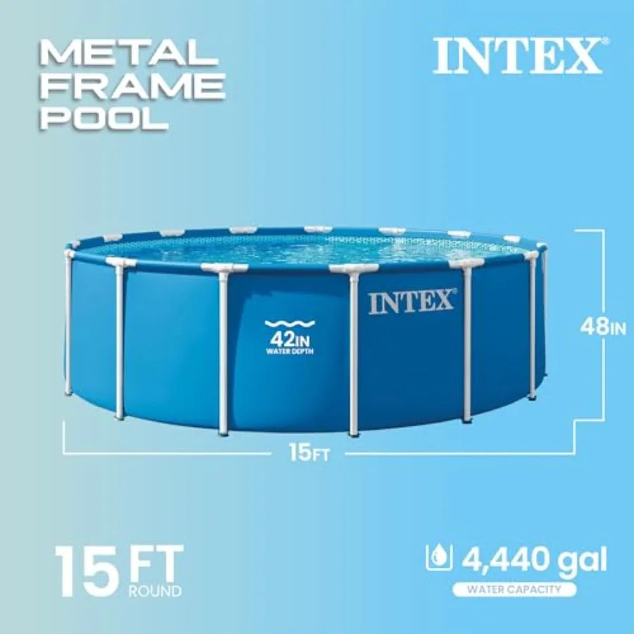 INTEX Above Ground Pool Set: Steel Frame, 15 ft x 48 in Round, Metallic Gray, Rust-Resistant Coating